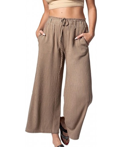 Women's Wide Leg Summer Linen Pants - High Waisted Casual Loose Trousers with Pockets Taupe-white $26.31 Pants