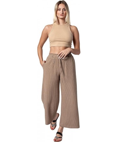 Women's Wide Leg Summer Linen Pants - High Waisted Casual Loose Trousers with Pockets Taupe-white $26.31 Pants