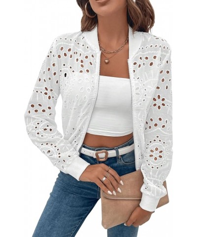 Women's Long Sleeve Eyelet Embroidery Bomber Jacket Casual Hollow Out Zipper Up Overcoat White $19.59 Jackets