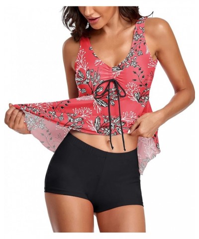 Tummy Control Tankini Bathing Suits for Women 2 Piece Swimsuits Tank Top with Boyshorts Red Floral $16.11 Swimsuits