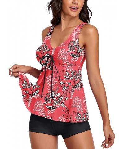 Tummy Control Tankini Bathing Suits for Women 2 Piece Swimsuits Tank Top with Boyshorts Red Floral $16.11 Swimsuits