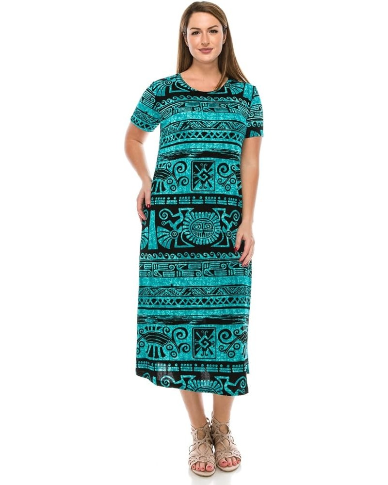 Women's Tank Long Dress – Plus Size Short Sleeve Scoop Neck Casual Swing Flowy Print T Shirt One Piece W901 Teal $19.68 Dresses