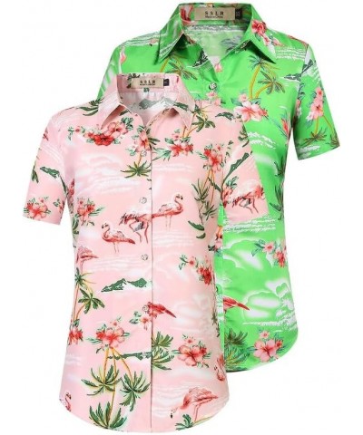 Hawaiian Shirts for Women Flamingo Shirt Tropical Shirts for Women Summer Casual Short Sleeve Pink and Green $11.75 Blouses