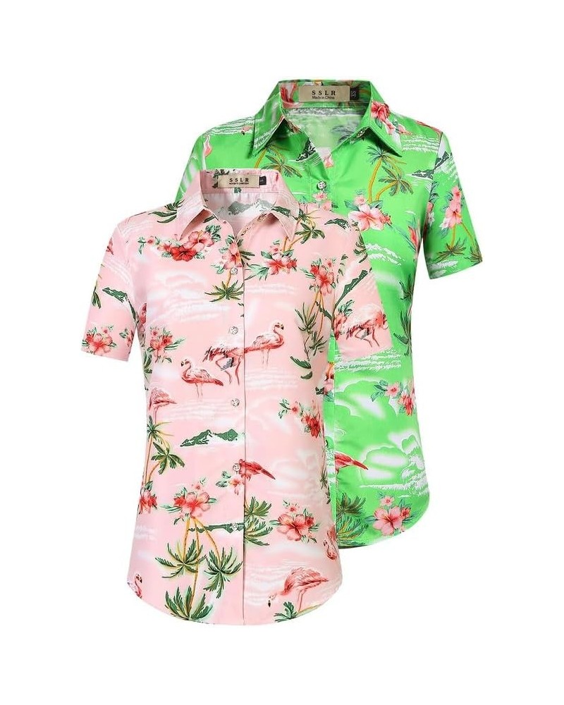 Hawaiian Shirts for Women Flamingo Shirt Tropical Shirts for Women Summer Casual Short Sleeve Pink and Green $11.75 Blouses