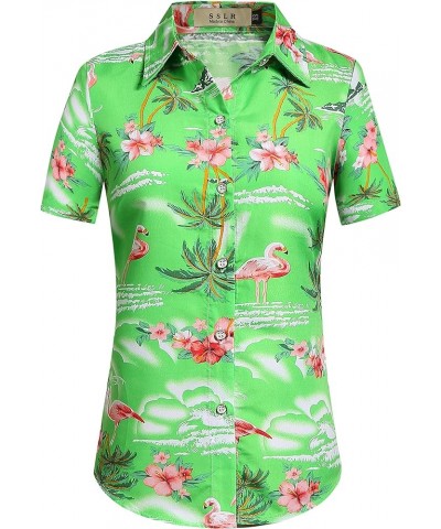 Hawaiian Shirts for Women Flamingo Shirt Tropical Shirts for Women Summer Casual Short Sleeve Pink and Green $11.75 Blouses