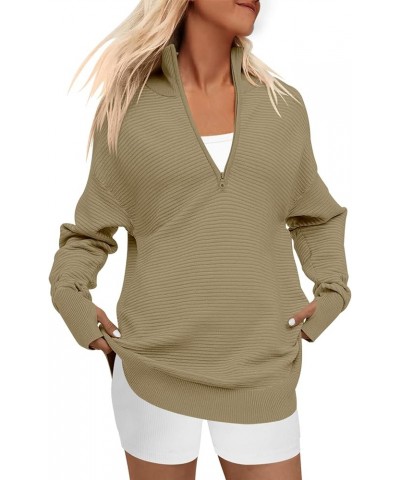 Women's 2023 Trendy Long Sleeve Half Zip V Neck Collared Casual Oversized Ribbed Knit Pullover Sweater Thumb Hole Khaki $26.8...