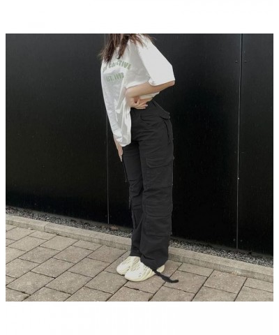 Straight Leg Cargo Pants for Women Baggy Cargo Pants with Pocket High Waist Cargo Y2k Trousers Streetwear Black $16.45 Pants