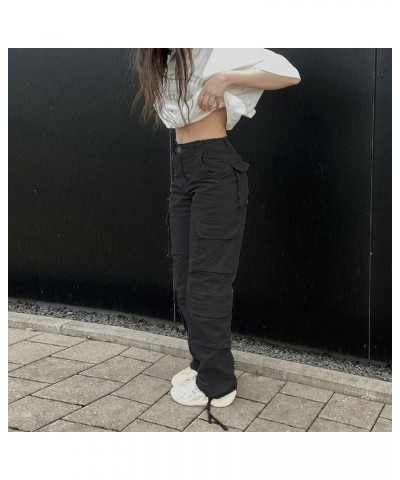 Straight Leg Cargo Pants for Women Baggy Cargo Pants with Pocket High Waist Cargo Y2k Trousers Streetwear Black $16.45 Pants