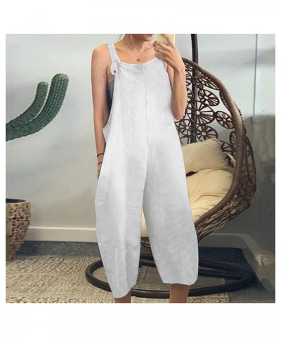 Loose Overalls for Women Casual Women's Cotton Linen Flower Print Bib Overall Jumpsuit Womens Rompers for Summer Z1 White $3....