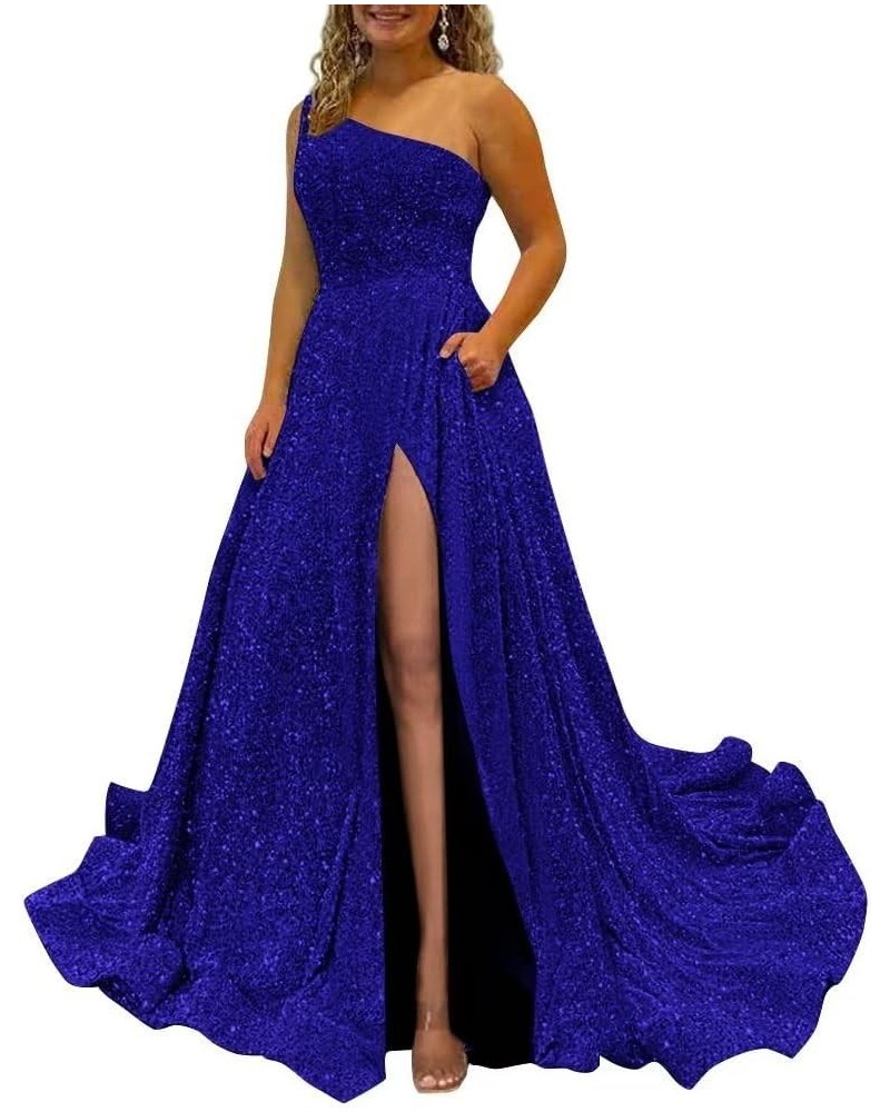 Sparkly Sequins Plus Size Prom Dresses with Pockets Slit One Shoulder Prom Party Gowns A Line Formal Ball Gowns Royal Blue $3...