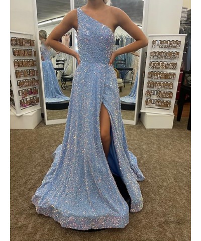 Sparkly Sequins Plus Size Prom Dresses with Pockets Slit One Shoulder Prom Party Gowns A Line Formal Ball Gowns Royal Blue $3...