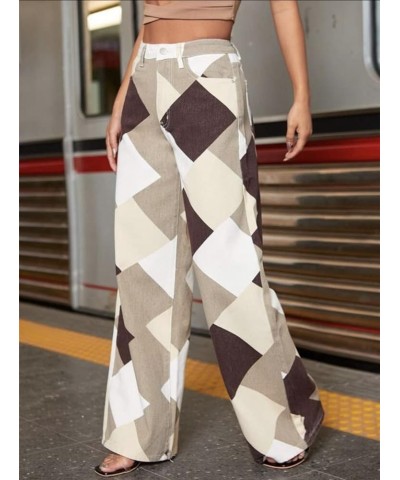 Plaid Printed Jeans for Women High Waist Straight Pants Loose Casual Wide Leg Denim Trousers Coffee $17.84 Jeans