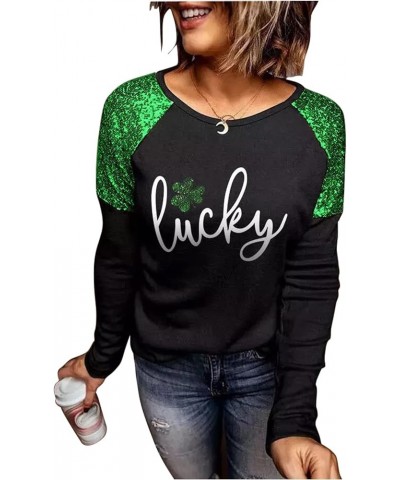 St. Patrick's Day Lucky Shamrock Sequined Splicing Blouse T Shirts for Women St Pattys Day Vacation Long Sleeve Tee Tops Blac...