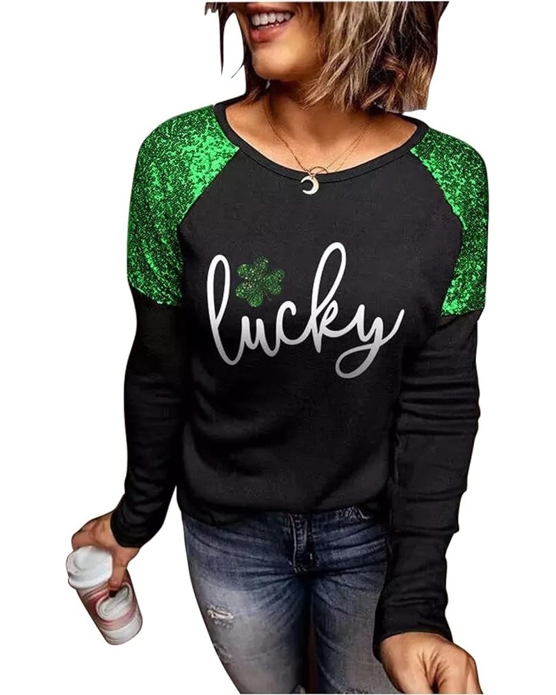 St. Patrick's Day Lucky Shamrock Sequined Splicing Blouse T Shirts for Women St Pattys Day Vacation Long Sleeve Tee Tops Blac...