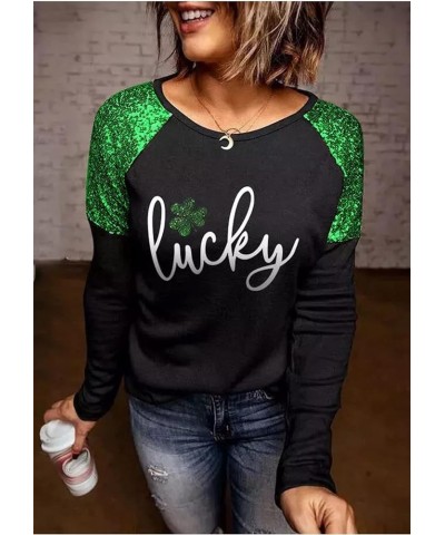 St. Patrick's Day Lucky Shamrock Sequined Splicing Blouse T Shirts for Women St Pattys Day Vacation Long Sleeve Tee Tops Blac...