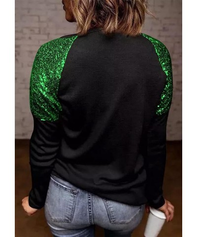 St. Patrick's Day Lucky Shamrock Sequined Splicing Blouse T Shirts for Women St Pattys Day Vacation Long Sleeve Tee Tops Blac...