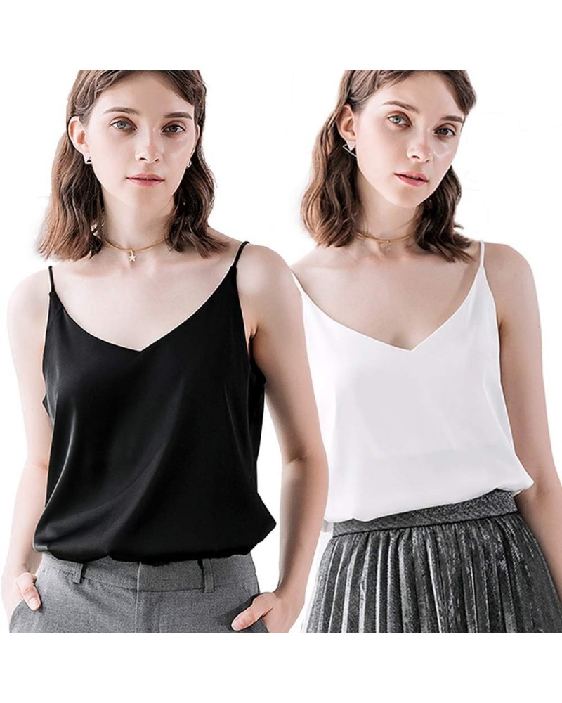 Classic Womens Silk Satin Camisole Top Sexy V Neck Blouse Tank Shirt Ladies Spaghetti Strap Vest Cami XS-3XL White&black-1 $1...