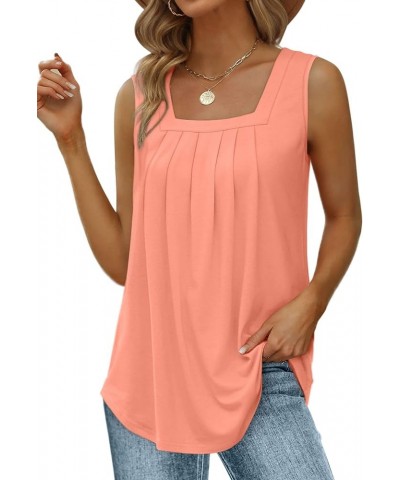 Summer Tank Tops for Women Loose Fit Pleated Square Neck Sleeveless Tops Curved Hem Flowy 04-coral $11.19 Tanks