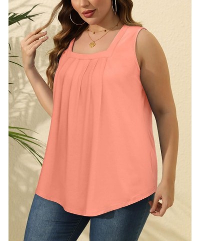 Summer Tank Tops for Women Loose Fit Pleated Square Neck Sleeveless Tops Curved Hem Flowy 04-coral $11.19 Tanks