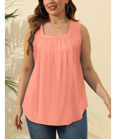 Summer Tank Tops for Women Loose Fit Pleated Square Neck Sleeveless Tops Curved Hem Flowy 04-coral $11.19 Tanks