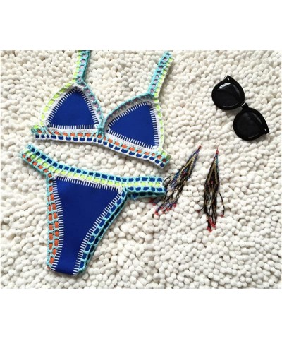 Women's Hand Crochet Knitted Two Piece Bikini Swimsuit Set Sexy Bohemian Tranigle Bathing Suit Swimwear Blue&orange $14.10 Sw...