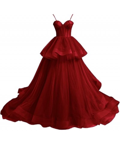 Women's Tulle Prom Dresses Long Ball Gown Spaghetti Strap Puffy Evening Party Gowns Burgundy $39.90 Dresses