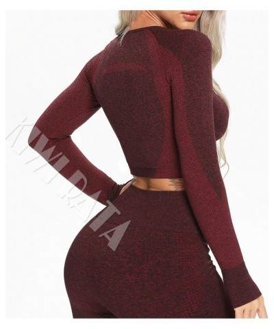 Women Seamless Long Sleeve Yoga Gym Crop Top Thumb Hole Fitted Sportwear Activewear Shirts 0 Curve Contour- Wine Red $11.19 A...