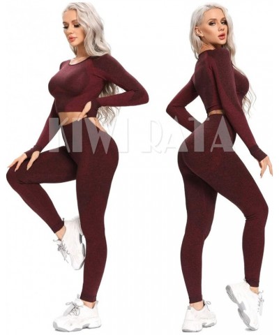 Women Seamless Long Sleeve Yoga Gym Crop Top Thumb Hole Fitted Sportwear Activewear Shirts 0 Curve Contour- Wine Red $11.19 A...