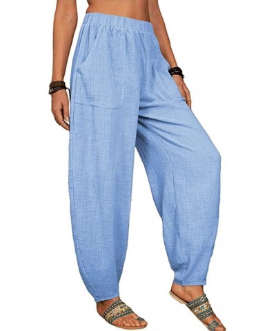 2023 Linen Womens High Elastic Waist Harem Pants Plus Size Comfy Casual Solid Pants Baggy Cute Trousers with Pockets 02blue $...