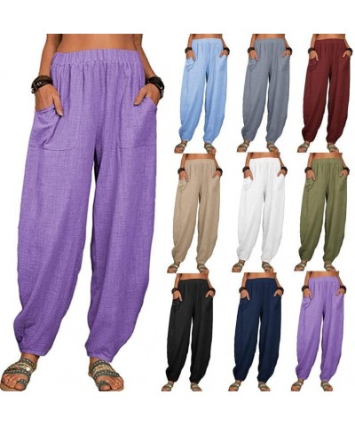 2023 Linen Womens High Elastic Waist Harem Pants Plus Size Comfy Casual Solid Pants Baggy Cute Trousers with Pockets 02blue $...