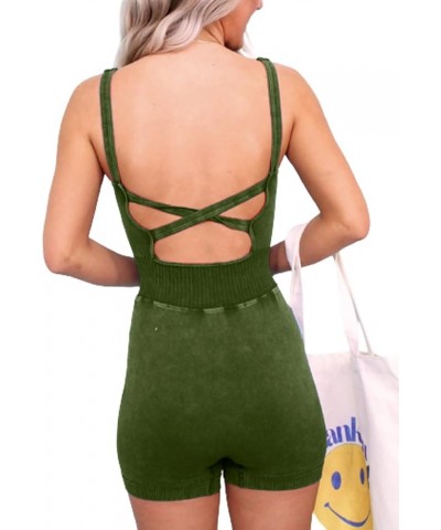 Womens Rompers Summer Sleeveless Square Neck Racerback Ribbed One Piece Tummy Control Bodycon Short Jumpsuit C Green $13.99 R...