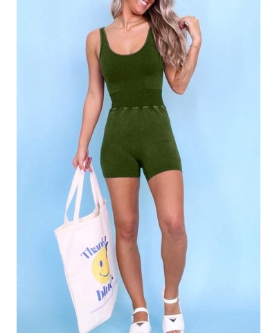 Womens Rompers Summer Sleeveless Square Neck Racerback Ribbed One Piece Tummy Control Bodycon Short Jumpsuit C Green $13.99 R...