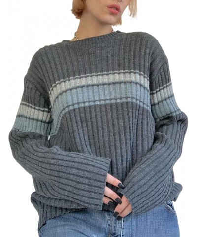 Women Fall Winter Vintage Striped Grunge Sweater Y2K Baggy Emo Sweater Oversized Long Sleeve Crewneck Sweatshirt E-gray $22.2...