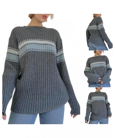 Women Fall Winter Vintage Striped Grunge Sweater Y2K Baggy Emo Sweater Oversized Long Sleeve Crewneck Sweatshirt E-gray $22.2...