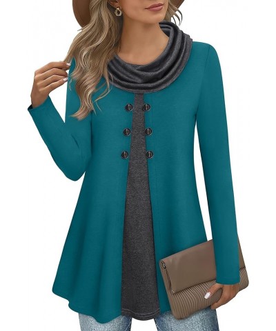 Womens Long Sleeve Cowl Neck Warm Splicing Tunic Tops with Buttons Dark Cyan $16.34 Tops