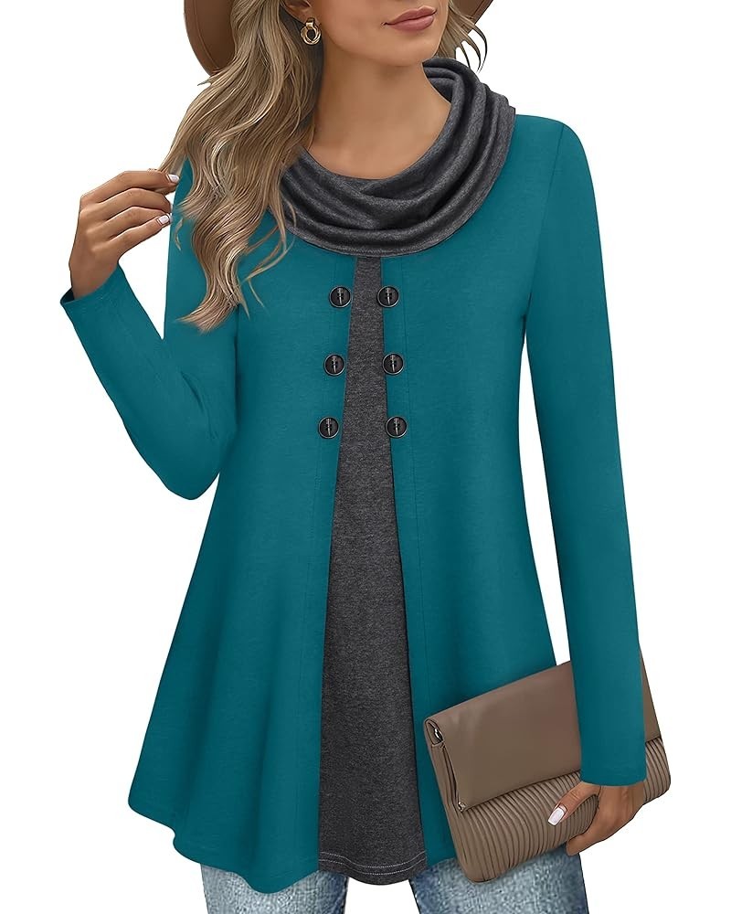 Womens Long Sleeve Cowl Neck Warm Splicing Tunic Tops with Buttons Dark Cyan $16.34 Tops