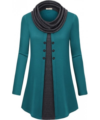 Womens Long Sleeve Cowl Neck Warm Splicing Tunic Tops with Buttons Dark Cyan $16.34 Tops