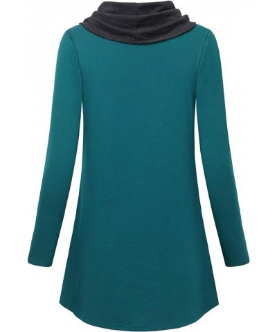 Womens Long Sleeve Cowl Neck Warm Splicing Tunic Tops with Buttons Dark Cyan $16.34 Tops