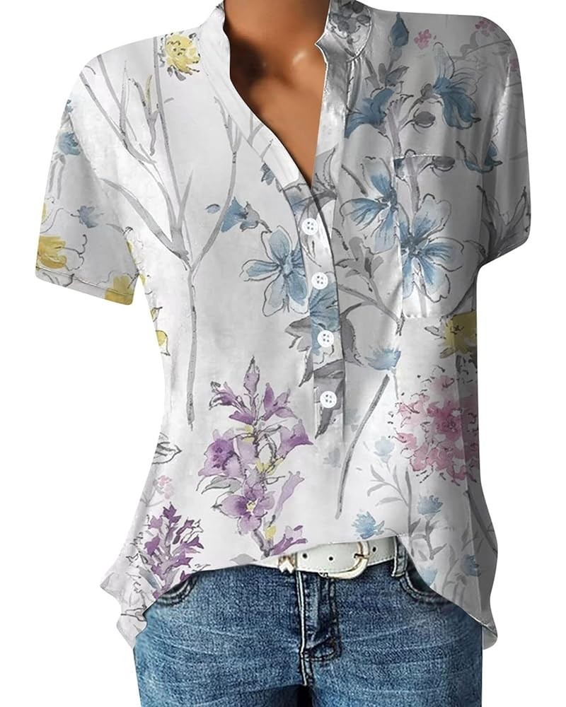 Summer Tops for Women 2023 Short Sleeve Button V Neck Graphic Floral Trendy Shirts Top Dressy Casual Tee Blouses E Light Purp...