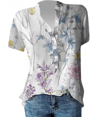 Summer Tops for Women 2023 Short Sleeve Button V Neck Graphic Floral Trendy Shirts Top Dressy Casual Tee Blouses E Light Purp...