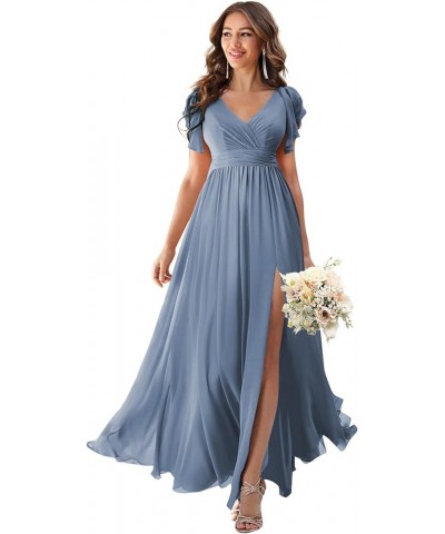 V Neck Flutter Sleeves Bridesmaid Dresses with Slit 2024 Chiffon Aline Pleats Formal Evening Gowns for Women YJ071 Steel Blue...