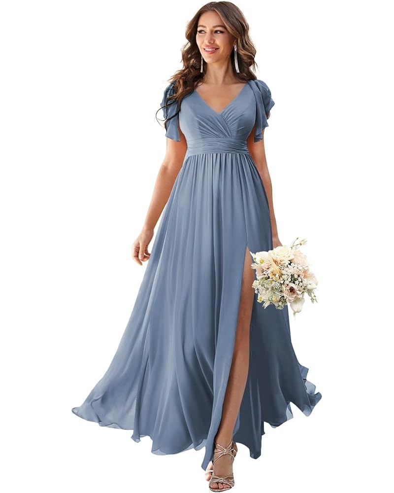 V Neck Flutter Sleeves Bridesmaid Dresses with Slit 2024 Chiffon Aline Pleats Formal Evening Gowns for Women YJ071 Steel Blue...