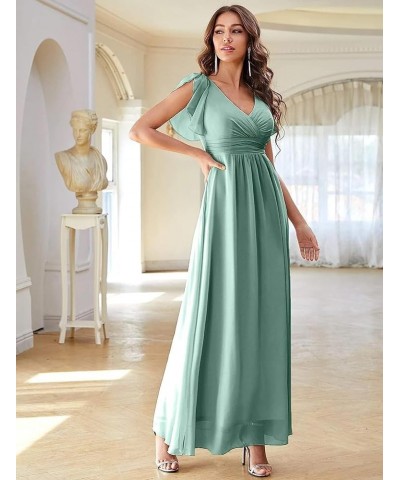 V Neck Flutter Sleeves Bridesmaid Dresses with Slit 2024 Chiffon Aline Pleats Formal Evening Gowns for Women YJ071 Steel Blue...