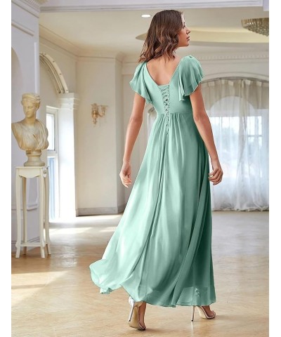 V Neck Flutter Sleeves Bridesmaid Dresses with Slit 2024 Chiffon Aline Pleats Formal Evening Gowns for Women YJ071 Steel Blue...