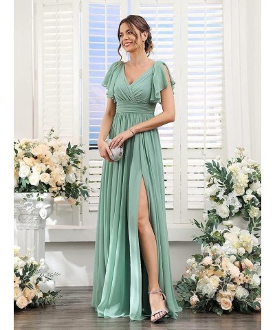 V Neck Flutter Sleeves Bridesmaid Dresses with Slit 2024 Chiffon Aline Pleats Formal Evening Gowns for Women YJ071 Steel Blue...