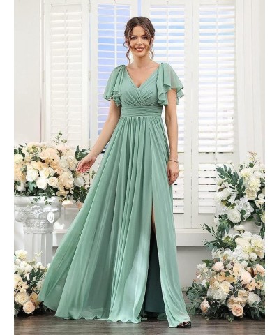 V Neck Flutter Sleeves Bridesmaid Dresses with Slit 2024 Chiffon Aline Pleats Formal Evening Gowns for Women YJ071 Steel Blue...