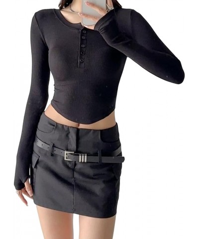 Y2k Women Casual Knitted Henley Shirt Solid 1/2 Button Scoop Neck Long Sleeve Crop Tops Vintage Slim Fit Tee Black 4 $11.99 Tops