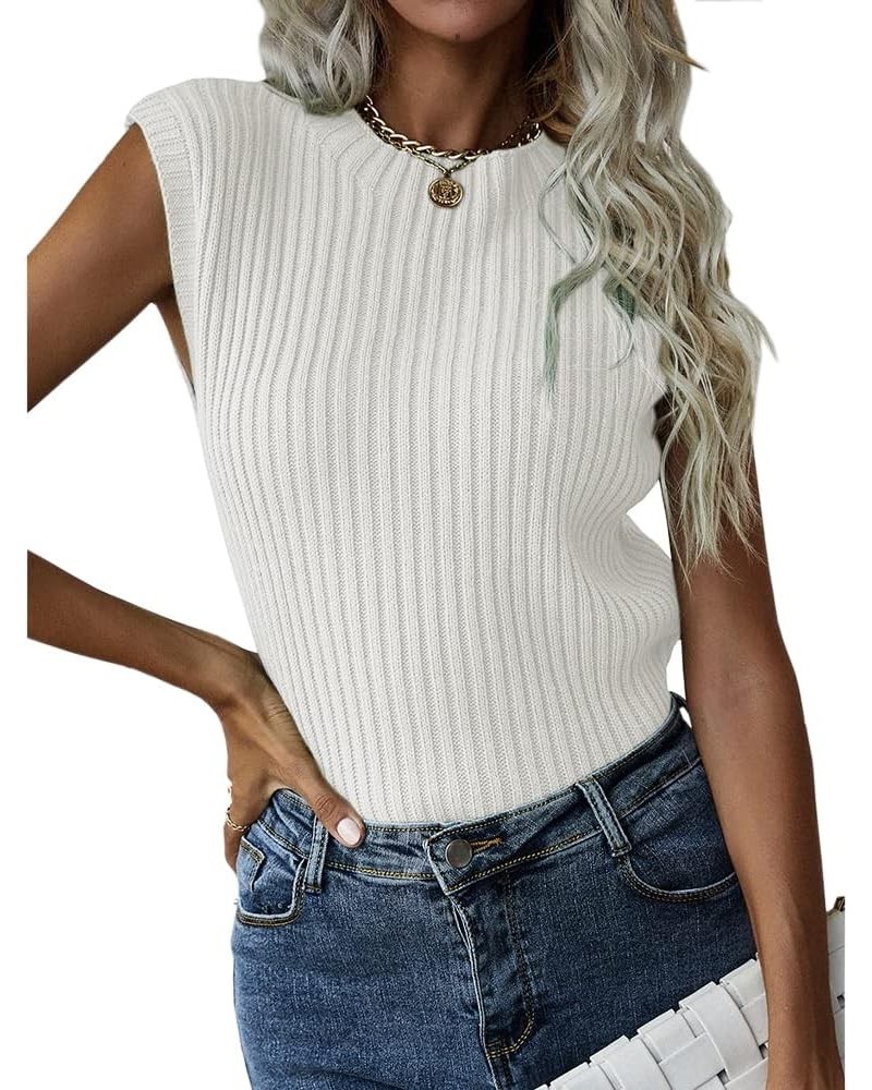 Women's Sleeveless Crewneck Sweater Tank Top Summer Autumn Rib Knit Tank Top White $12.99 Sweaters