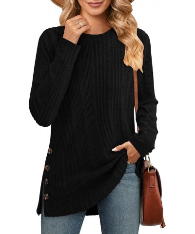 Pullover Sweaters for Women Long Sleeve Crewneck Knit Tops Fall Buttons Side Split Black $17.15 Sweaters