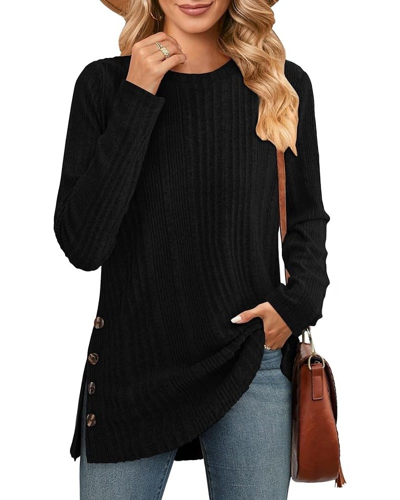 Pullover Sweaters for Women Long Sleeve Crewneck Knit Tops Fall Buttons Side Split Black $17.15 Sweaters